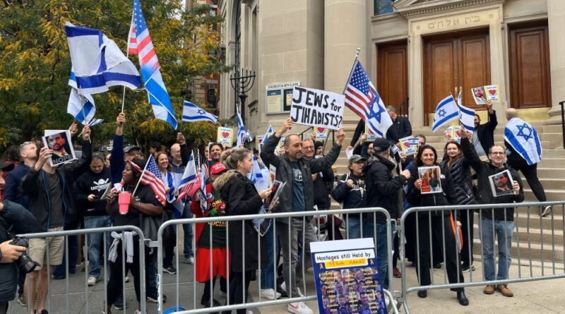 Demonstrators gather at Congregation Beth Elohim