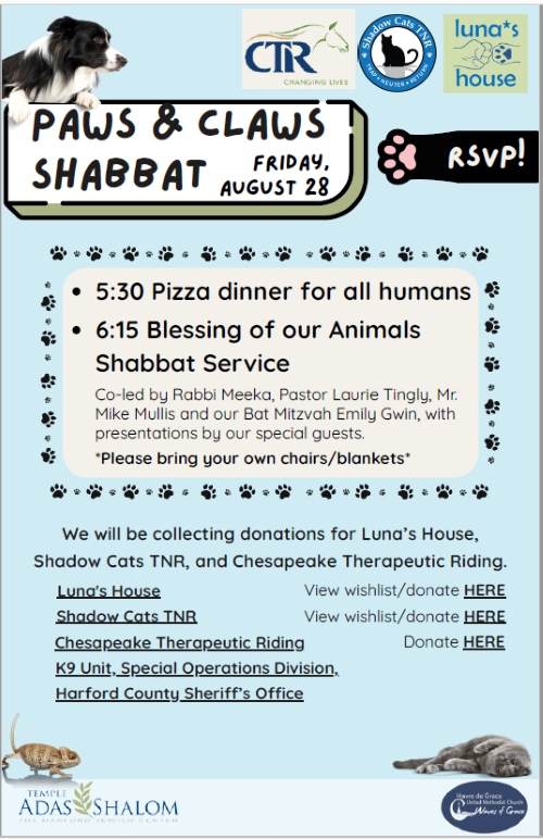 Temple Adas Shalom's Annual Paws & Claws Shabbat